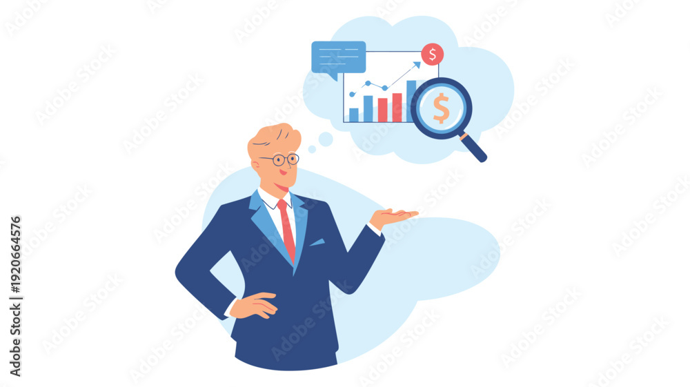 Fototapeta premium Businessman analyzing data with charts and graphs in a thought bubble illustration
