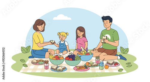 Happy Family Picnic Outdoors Enjoying Healthy Food Together