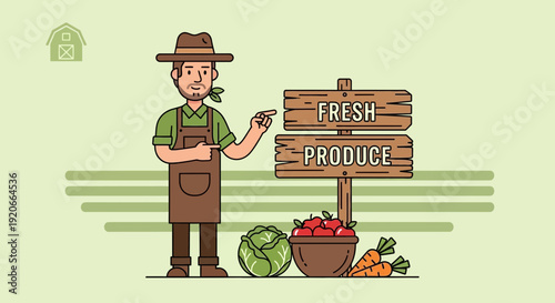 Happy Farmer Promotes Fresh Produce With Wooden Sign