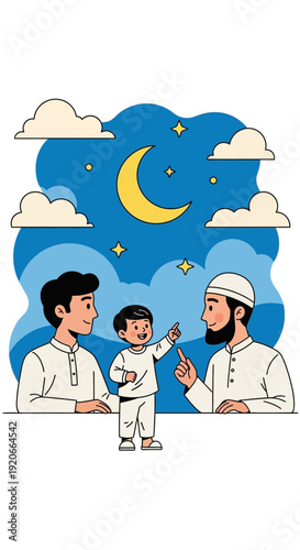 Happy Family Under Crescent Moon and Stars Illustrating Joyful Moments