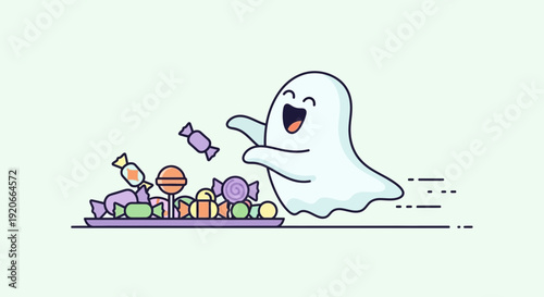 Happy Ghost Eagerly Grabbing Candy From Tray, Festive Celebration Illustration