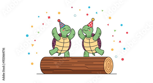 Happy Tortoises Celebrating On A Log With Confetti