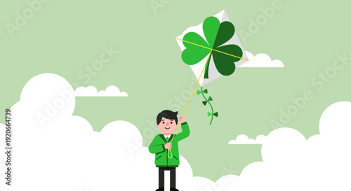Happy Boy Flying Shamrock Kite Among Clouds A Cheerful Scene