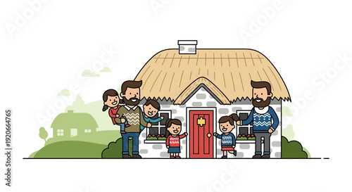 Happy Cartoon Family Standing Outside Cozy Thatched Roof Cottage Rural Idyllic Scene