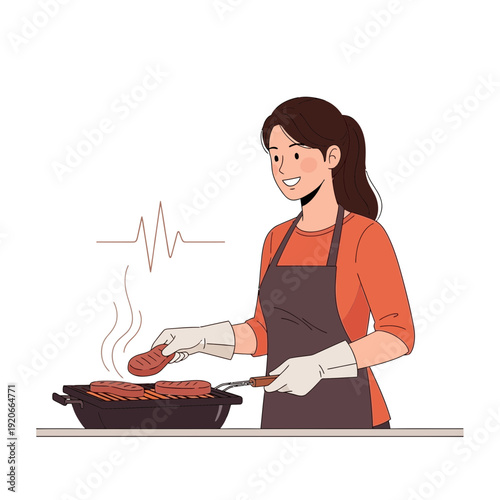 Happy Woman Grilling Sausages Outdoors For A Summer Barbecue Feast