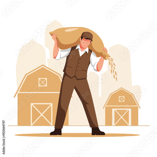 Hardworking Farmer Carries Sacks Of Grain At The Farm In Warm Tones