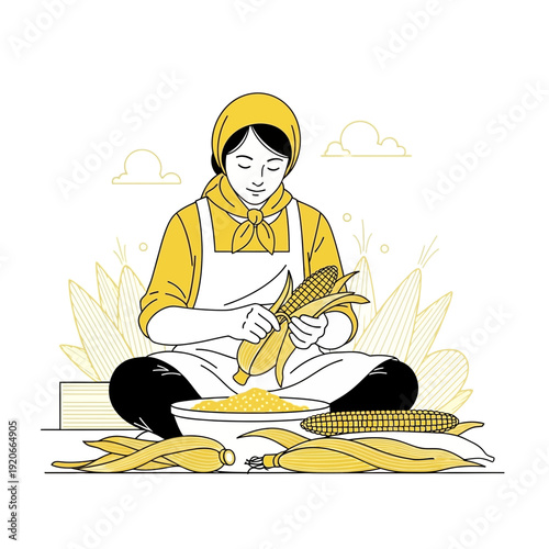 Harvest Season Woman Prepares Corn For Meals Simple And Elegant Farm Fresh Illustration