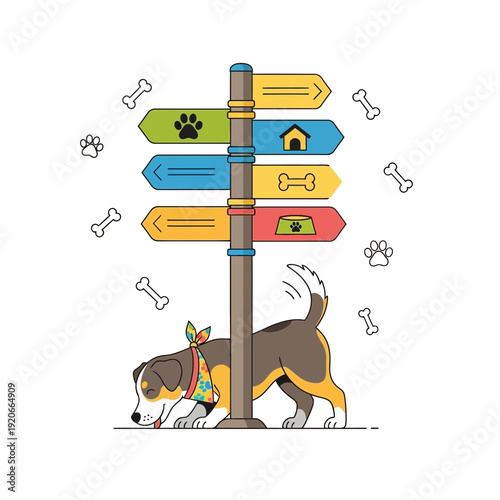 Happy Dog Navigates Directional Signpost Outdoors With Paw Prints and Bones Graphic