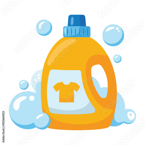 Digital illustration of laundry detergent bottle surrounded by soap bubbles and a t-shirt icon on its label