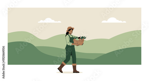 Harvesting Fresh Produce Amidst Rolling Green Hills And A Serene Sky