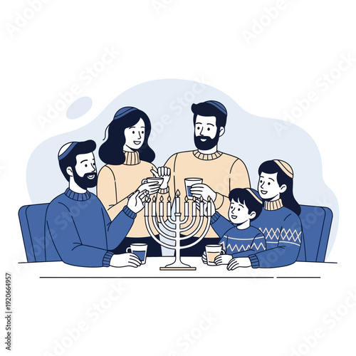 Happy Family Celebrates Hanukkah Lighting Menorah Together In Warm Embrace