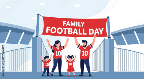 Happy Family Cheering At Stadium Entrance On Football Day