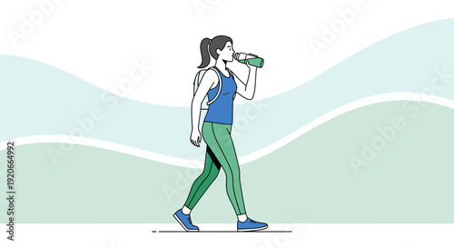 Healthy And Active Female Walking Outdoors While Drinking Water For Hydration
