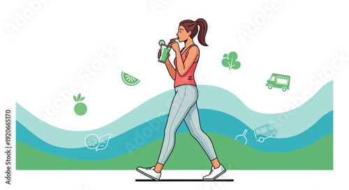 Healthy Lifestyle Choice: Woman Drinks Smoothie While Walking Towards a Refreshing Future