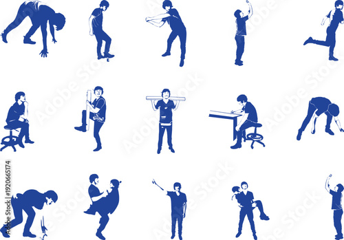 Collection of blue silhouette illustrations depicting various human poses and exercises