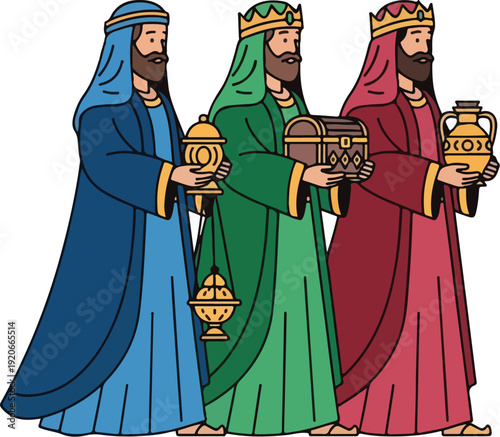 Three Wise Men with gifts Epiphany Christmas illustration