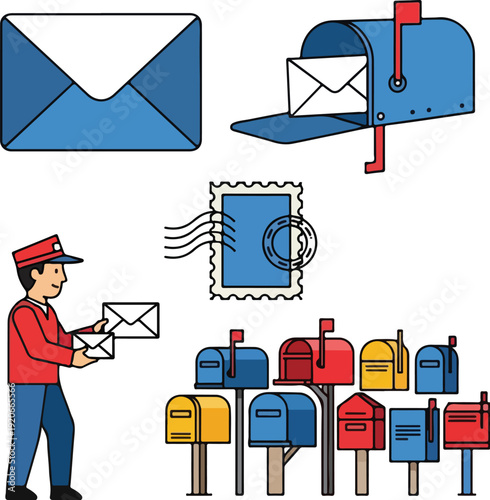 Mail delivery concept with mailman and colorful mailboxes