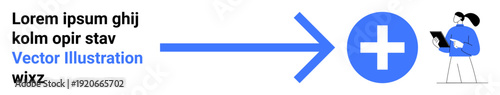 Healthcare, technology, data management, digital progress, innovation, medical systems. Blue arrow pointing to plus sign with a person using a laptop. Healthcare and technology integration concept