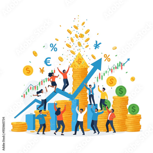 Financial growth and success concept with people celebrating around rising stock charts and coins.