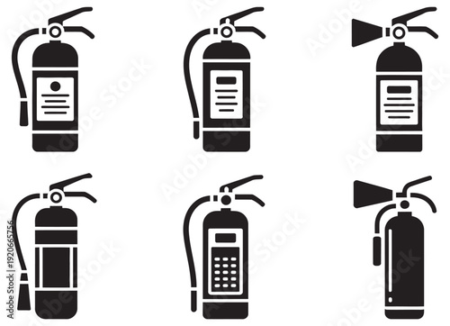 Fire extinguisher icon silhouette vector set, safety tool illustration collection, emergency response equipment symbols isolated design
