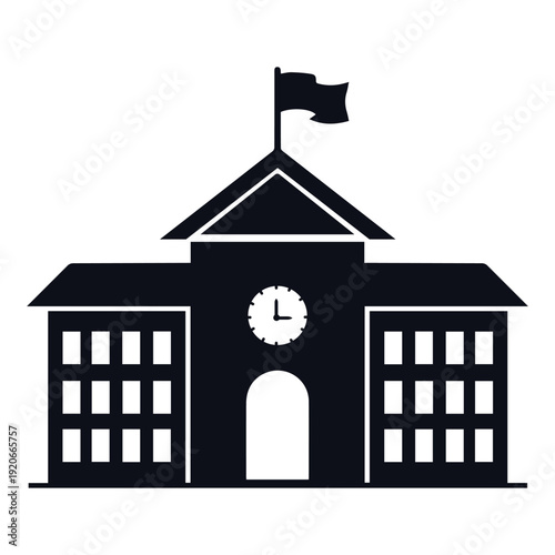 Silhouette of a classic school building with a clock tower and flag