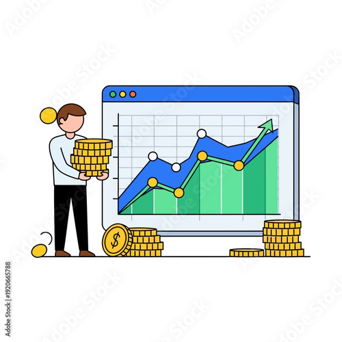 Man holding coins near stock market graph, financial growth concept
