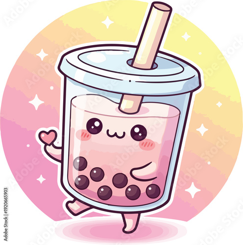 Boba tea cartoon character with straw