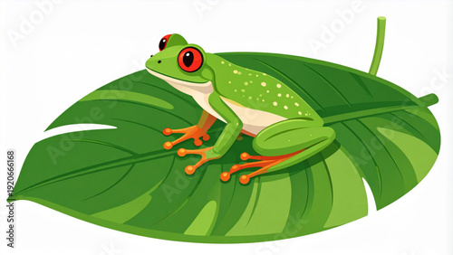 Cute Red-Eyed Tree Frog on Tropical Leaf, Flat Vector Illustration