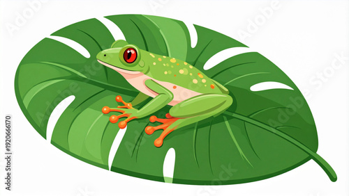 Cute Red-Eyed Tree Frog on Tropical Leaf, Flat Vector Illustration