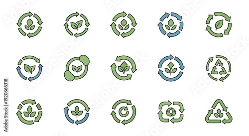 Recycle and Eco-Friendly Icons Set with Arrows and Leaves