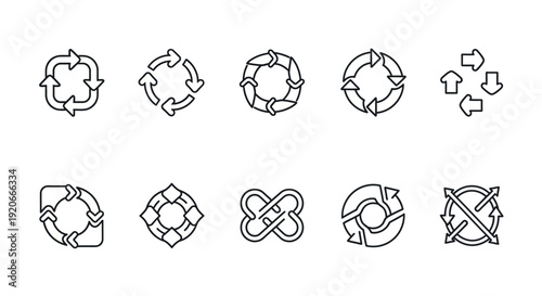 Recycle and refresh icon set: circular arrows, loop, sustainability, reload symbols