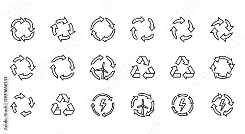 Recycle and Renewable Energy Line Icons Set: Sustainable Eco-Friendly Symbols