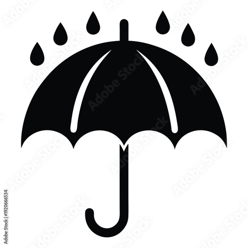 Black umbrella icon with falling raindrops, symbolizing protection from rain, bad weather, or a gloomy day. Simple vector illustration for weather or safety themes.