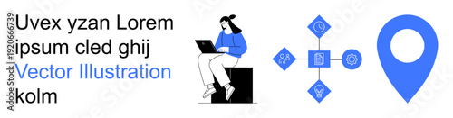 Remote work, online communication, navigation tools, data management, technology interface, digital connection. Woman sitting with laptop, abstract icons blue location pin. Remote work