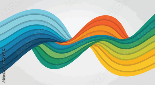 Vibrant wavy lines in shades of blue, green, orange, and yellow against a light gray background with a subtle circular gradient.