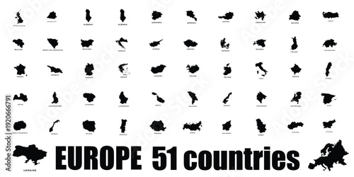 Europe 51 countries black and white vector map silhouettes set with country names minimal flat design