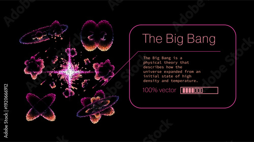 vibrant vector illustration depicting the Big Bang as an explosive central burst of light surrounded by colorful particle clusters, glowing nebulae-like shapes, and symmetrical cosmic forms.