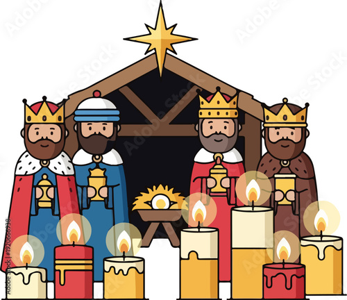 Three Wise Men celebrating Epiphany with candles and star