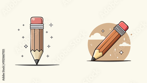 Set of two stylized illustrations of a sharpened pencil with an eraser on top, one standing upright on a line and the other at an angle with clouds in the background