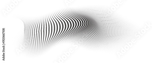 Flowing Wave Dot Halftone Pattern: Curve Gradient Shape on Transparent Background. Suitable for AI, Tech, Network, Digital, Science, and Technology Themes.