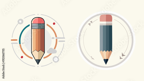 Vector illustration of two stylized pencils with circular decorative elements, symbolizing creativity and ideas