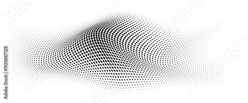 Flowing Wave Dot Halftone Pattern: Curve Gradient Shape on Transparent Background. Suitable for AI, Tech, Network, Digital, Science, and Technology Themes.