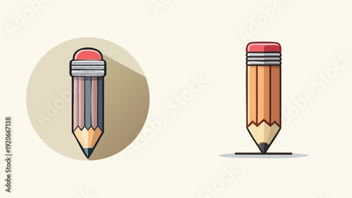 Stylish flat design vector illustrations of two classic wooden pencils with erasers, perfect for education, art, and office supplies, symbolizing writing, drawing, and creative work