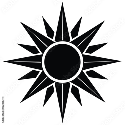 Sun icon with sharp spike rays and high contrast black design, representing intense heat, energy, or a bold declaration. Striking vector symbol for summer or power.