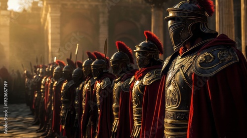 Military unit of powerful Roman Empire, men dressed in legionaries clothing and equipment performing in camp, soldiers wearing metallic armor
