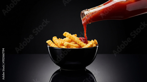 Bowl of french fries and ketchup isolated on a dark background