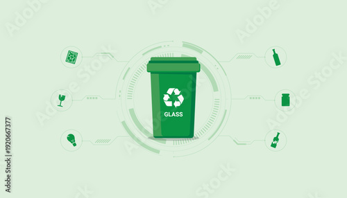 Green glass recycling bin with bottle and container icons, representing glass waste collection and sustainable recycling process.