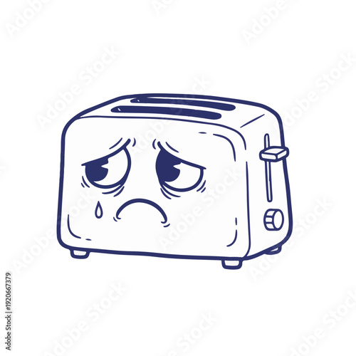 Doodle Vector Toaster Character Feeling Sadness and Melancholy for Metaphorical Business Burnout and Household Appliance Humor
