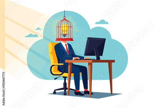 Businessman with birdcage on head sitting at desk with computer and working on office task in creative way