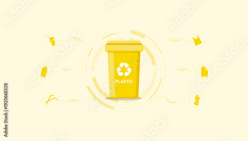 Yellow plastic recycling bin featuring plastic container and bottle icons, representing plastic waste separation and environmental protection initiative.